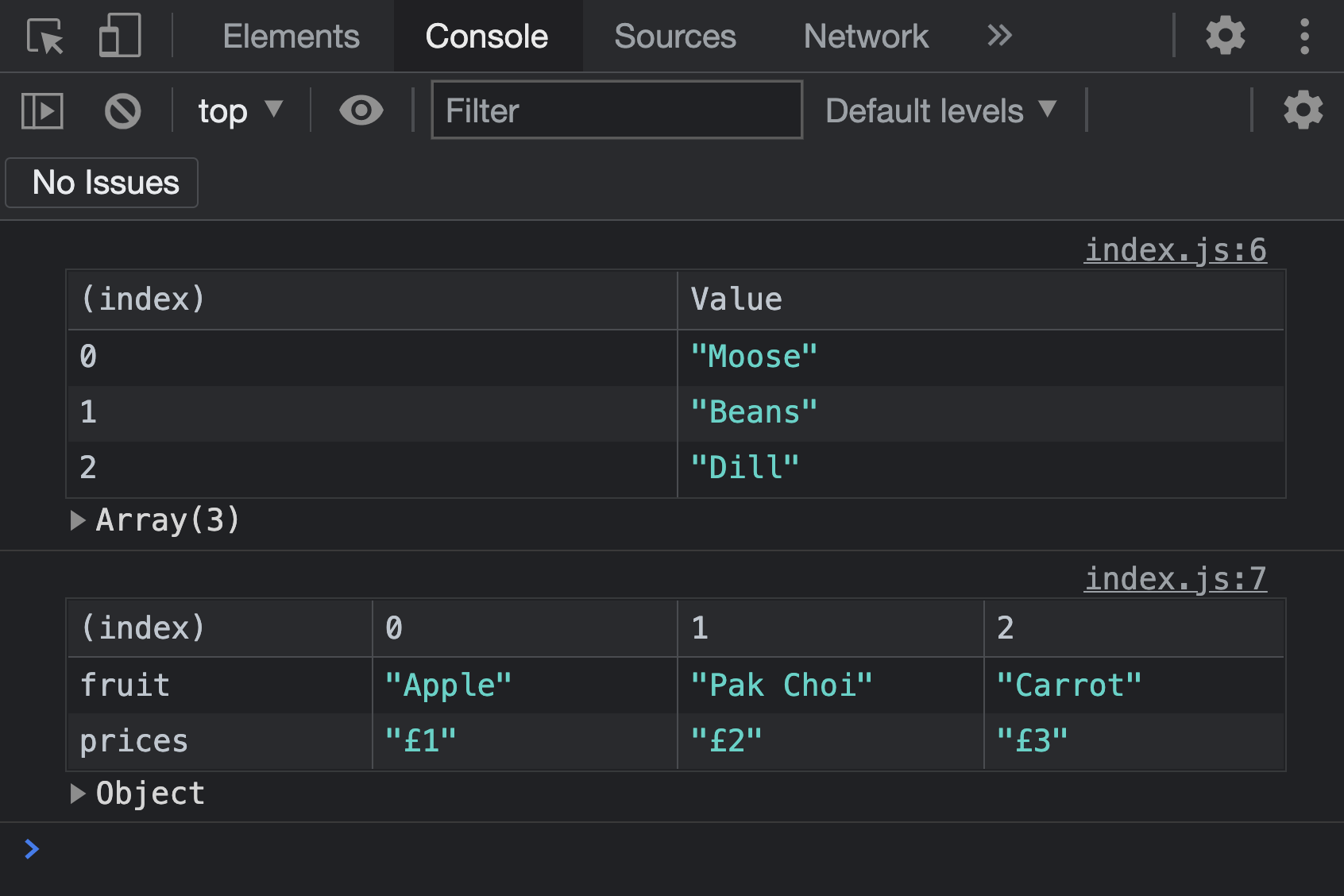 Screenshot of console.table() in use